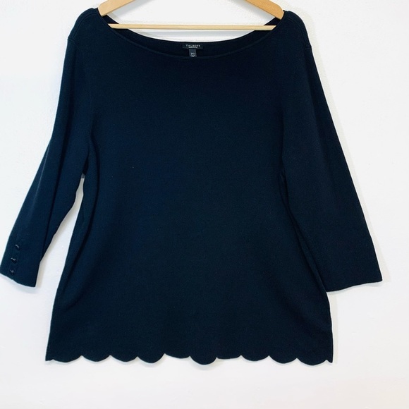 Talbots Rib Knit Top 2X Black Scallop Hem Cotton Modal Stretch Boat Neck - Picture 1 of 11